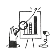 Illustration of a hand inspecting some charts using a magnifying glass