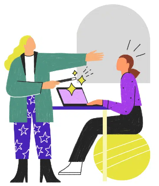 Young professional looking shocked as her coworker casts a spell with a magic wand